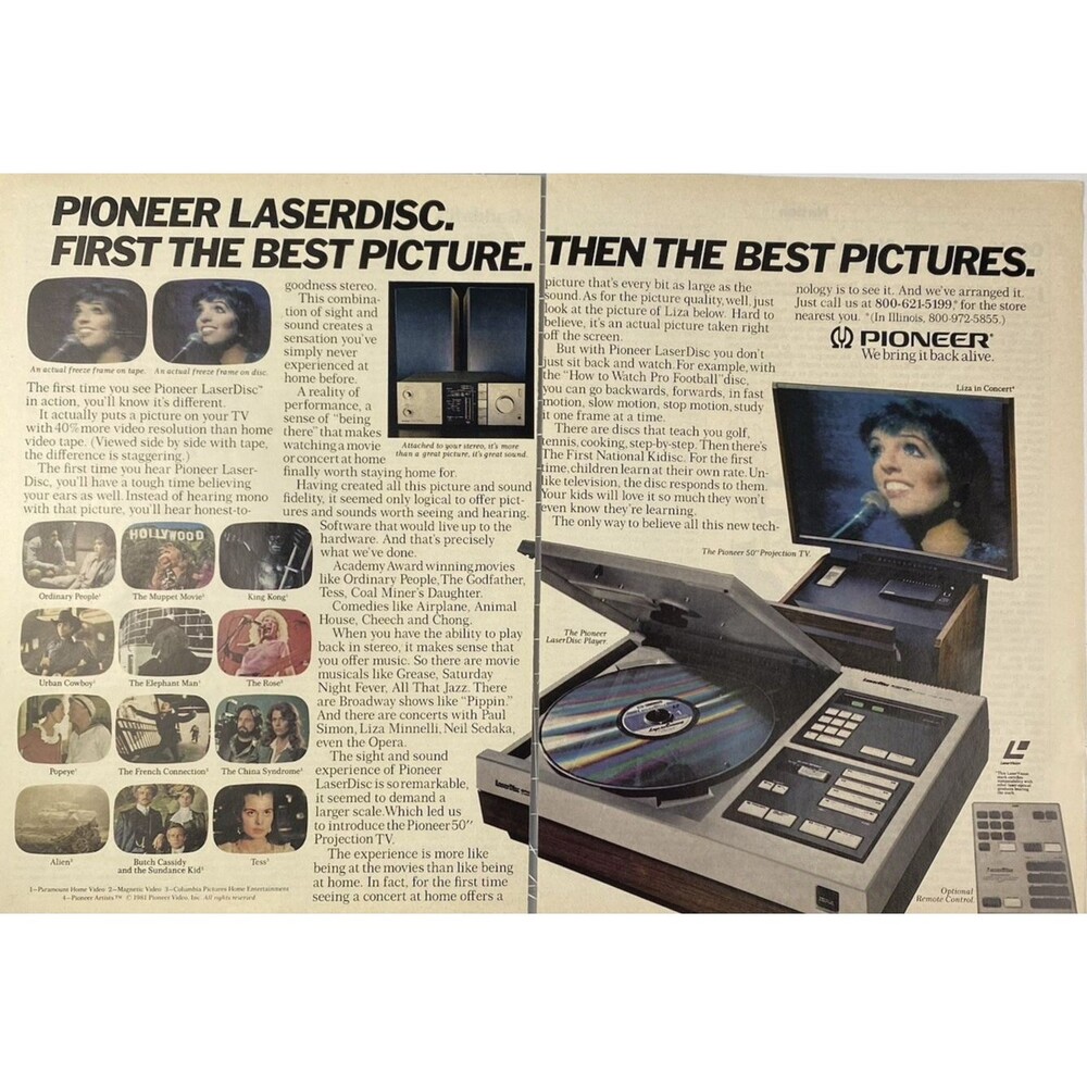 Pioneer Projector Laser Disc Player & Remote Liza Minnelli 2-Page Ad 1981